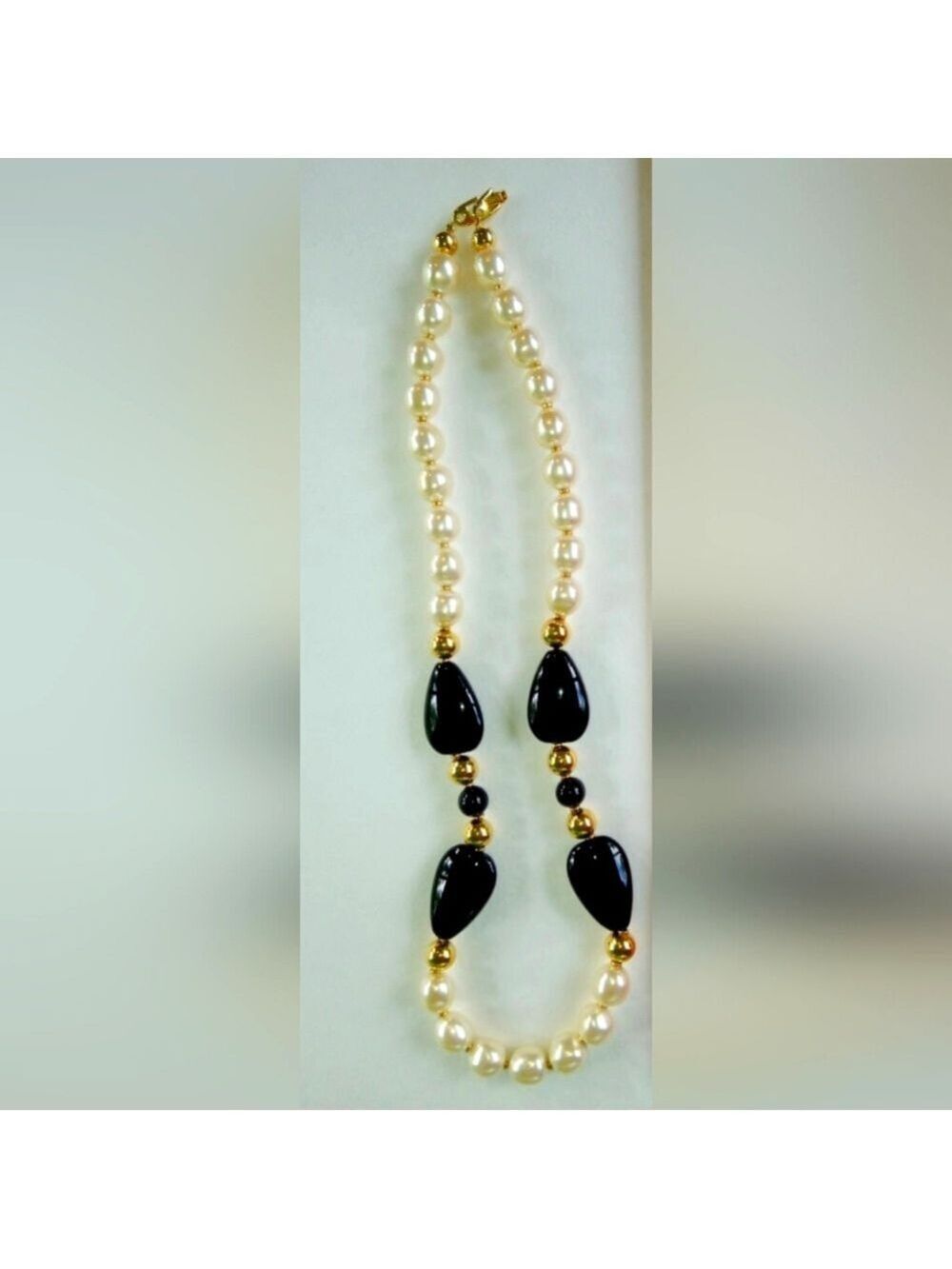 Napier Signed Faux Baroque Pearl With Black and Gold Tone Beads Necklace